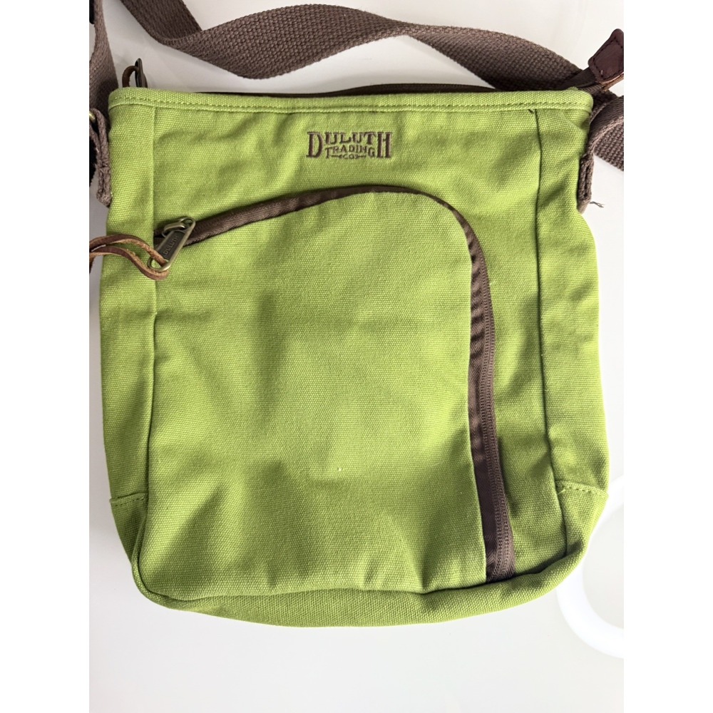 Duluth Trading Co Canvas Organizer Zip Crossbody Bag Green Brown Strap EUC